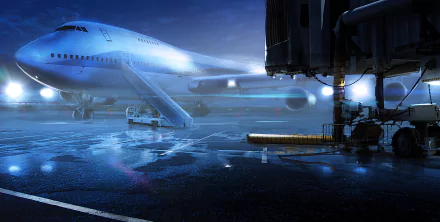 HD desktop wallpaper featuring a dramatic scene from Tom Clancy's Rainbow Six: Siege, showcasing an illuminated airplane on a rainy airport tarmac at night.