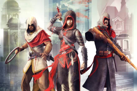 A captivating 4K Ultra HD wallpaper featuring characters from Assassin's Creed Chronicles, showcasing a blend of historical and modern elements in a vibrant, action-packed scene.