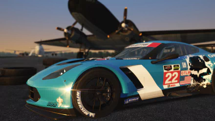 Chevrolet Corvette C7.R race car from the video game Assetto Corsa, turquoise Chevrolet GTLM #22 on an airport tarmac, 2K Quad HD PC desktop wallpaper background.