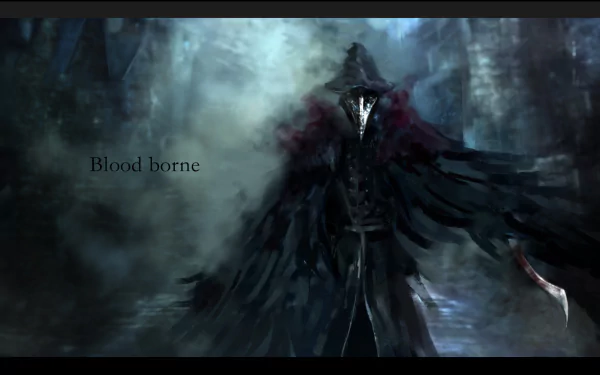 A captivating HD desktop wallpaper from the video game Bloodborne, featuring a mysterious figure in a dark, tattered cloak amidst a foggy, eerie environment.