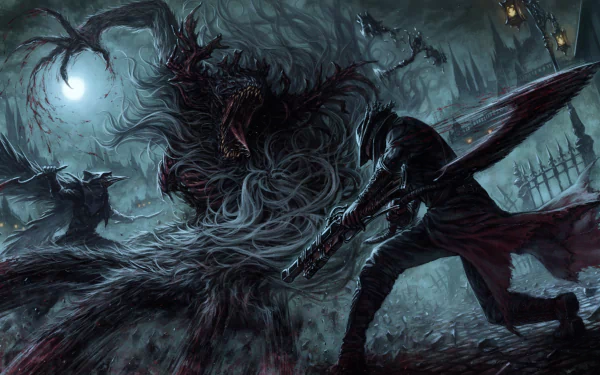 HD desktop wallpaper featuring a gothic, dark fantasy scene from the video game Bloodborne, depicting a character wielding a weapon battling a monstrous beast under a moonlit sky.