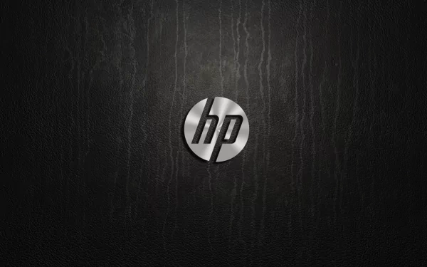 Dark textured HD PC desktop wallpaper featuring a metallic Hewlett-Packard (HP) logo centered, technology-themed background with subtle vertical streaks.