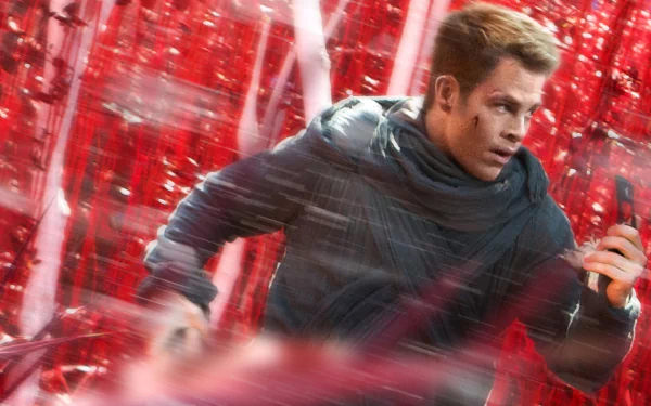 HD PC desktop wallpaper featuring a dynamic scene from the movie Star Trek Into Darkness with a focused character amidst a vivid red background.