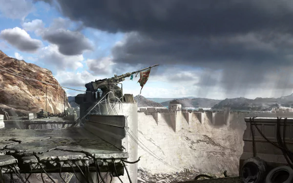 HD PC wallpaper of Hoover Dam from Fallout: New Vegas, showcasing the post-apocalyptic video game environment with dramatic skies and rugged terrain.