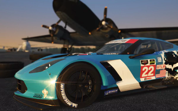 Chevrolet Corvette C7.R race car from the video game Assetto Corsa, turquoise Chevrolet GTLM #22 on an airport tarmac, 2K Quad HD PC desktop wallpaper background.