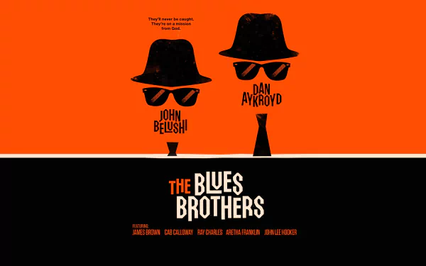HD PC desktop wallpaper featuring minimalist black silhouettes of John Belushi and Dan Aykroyd from the movie The Blues Brothers against an orange background.