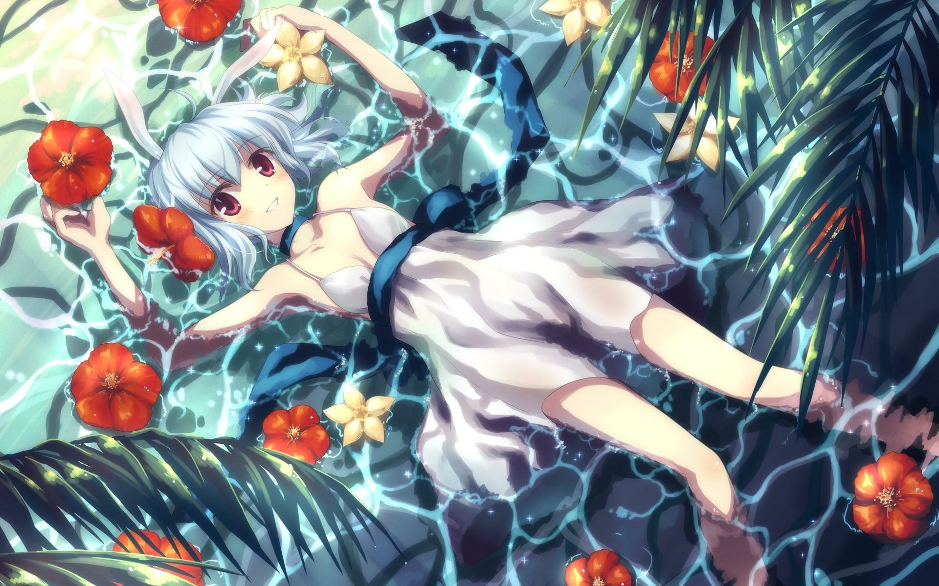 HD PC desktop wallpaper of an anime-style character from the video game DJMax, floating in water surrounded by tropical flowers and leaves.