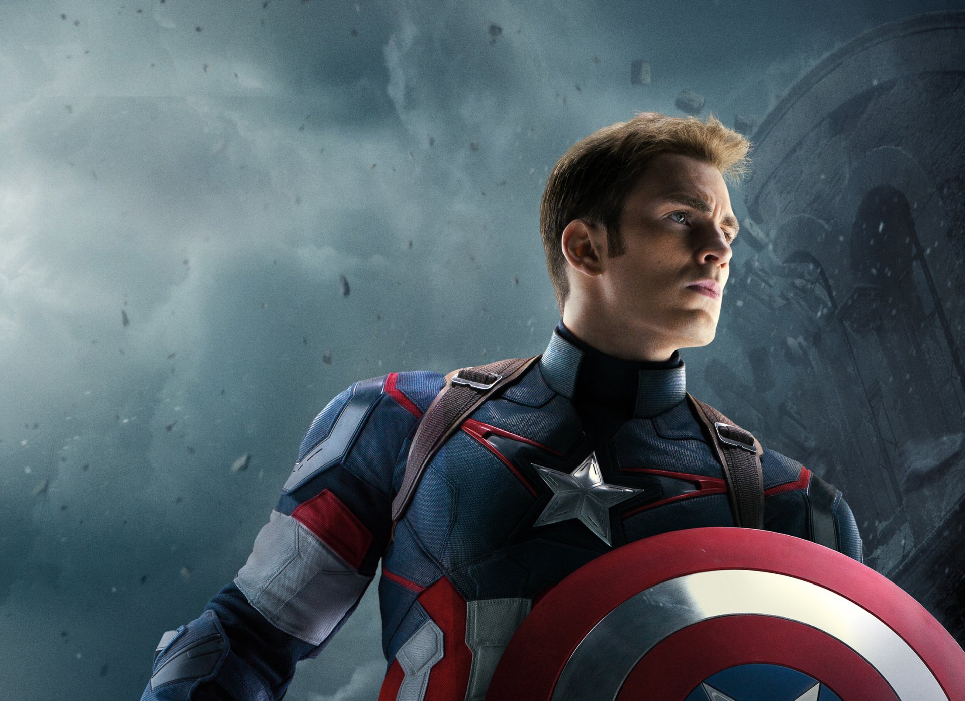 HD desktop wallpaper featuring Chris Evans as Captain America from the movie Avengers: Age of Ultron, with a dramatic background and iconic shield.