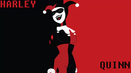 HD PC desktop wallpaper featuring a cartoon-style Harley Quinn from the Batman comics, with a bold black and red split background and playful expression.