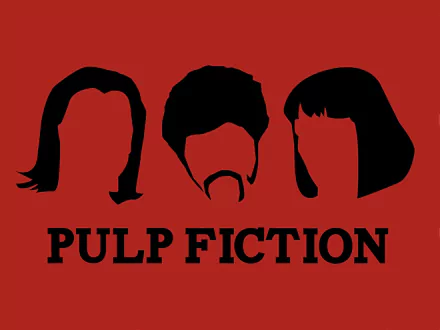 Stylized 4K Ultra HD PC desktop wallpaper of Pulp Fiction featuring minimalist black silhouettes of three main characters on a red background.