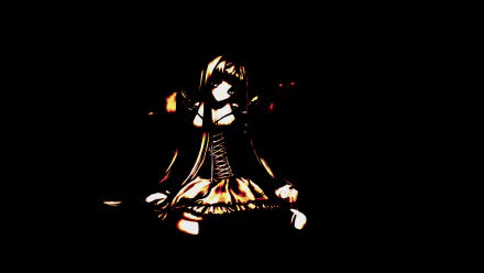 Dark-themed anime girl in gothic attire sits with a somber expression, set against a black background, creating a striking HD PC desktop wallpaper.