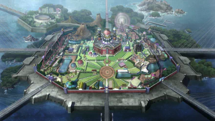 A vibrant HD wallpaper featuring a panoramic view of the eerie amusement park from the anime Deadman Wonderland, showcasing its intricate layout and surrounding scenery.