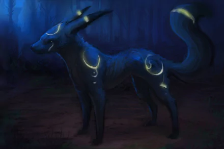 A captivating 4K Ultra HD wallpaper featuring Umbreon, the dark-type Eeveelution from Pokémon, set against a mystical blue forest background.