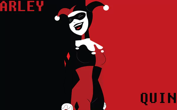 HD PC desktop wallpaper featuring a cartoon-style Harley Quinn from the Batman comics, with a bold black and red split background and playful expression.