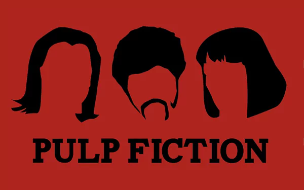Stylized 4K Ultra HD PC desktop wallpaper of Pulp Fiction featuring minimalist black silhouettes of three main characters on a red background.