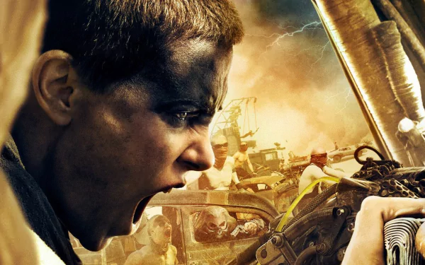 A dramatic HD wallpaper featuring Imperator Furiosa and Immortan Joe from *Mad Max: Fury Road*, highlighting intense action and chaotic landscapes.