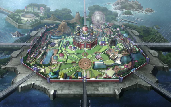 A vibrant HD wallpaper featuring a panoramic view of the eerie amusement park from the anime Deadman Wonderland, showcasing its intricate layout and surrounding scenery.