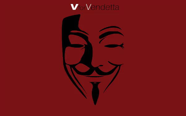 8K Ultra HD PC desktop wallpaper of the movie V for Vendetta: minimalist black Guy Fawkes mask silhouette on a deep red background with a small V for Vendetta title.