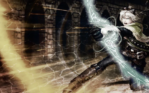 HD PC desktop wallpaper featuring Ezreal from League of Legends casting a glowing magical arrow in a dark, ancient stone corridor.