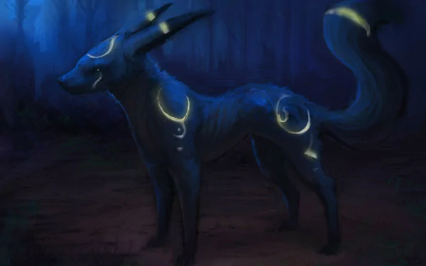 A captivating 4K Ultra HD wallpaper featuring Umbreon, the dark-type Eeveelution from Pokémon, set against a mystical blue forest background.