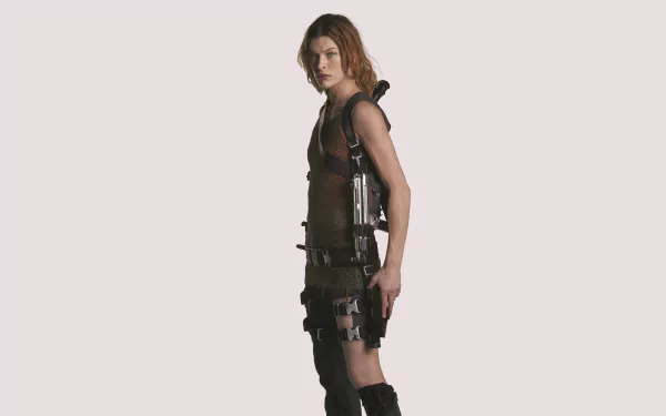 Female character in tactical gear from Resident Evil: Apocalypse, standing in profile on a neutral background — 5K Ultra HD PC desktop wallpaper.