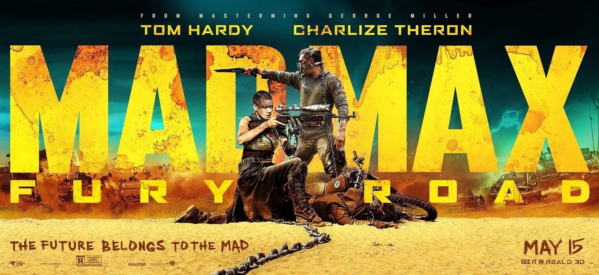 HD PC desktop wallpaper featuring Tom Hardy as Max Rockatansky and Charlize Theron as Imperator Furiosa from the movie Mad Max: Fury Road.
