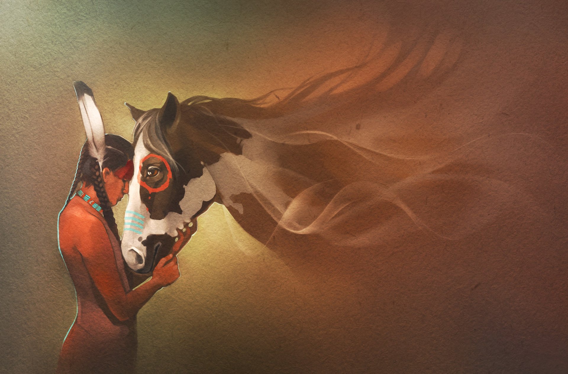 A vibrant artistic depiction of a Native American figure gently holding a horse's head, with flowing hair and rich colors, creating a captivating HD desktop wallpaper.