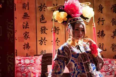 A Taiwanese woman dressed in traditional Chinese costume, inspired by Qián Fūrén, poses gracefully against a backdrop of classic calligraphy.
