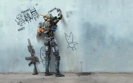 A vibrant HD wallpaper featuring Chappie, the robot from the movie, spray-painting a wall with playful drawings and holding a weapon, capturing the essence of the film's unique character.