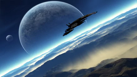 A stunning HD wallpaper featuring the Normandy SR-2 from Mass Effect, set against a backdrop of distant planets and misty mountain ranges, capturing the essence of Mass Effect 2.