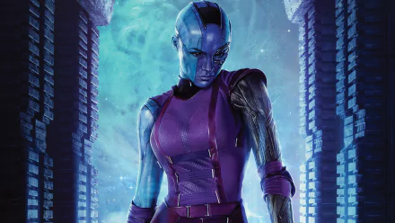 Nebula from Marvel Comics stands fiercely against a cosmic backdrop in this stunning 4K Ultra HD wallpaper, showcasing her role in Guardians of the Galaxy.