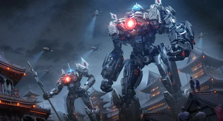 A striking HD desktop wallpaper featuring towering robots from the movie Pacific Rim, set against a dramatic night skyline, evoking a sense of epic battle and adventure.