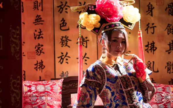 A Taiwanese woman dressed in traditional Chinese costume, inspired by Qián Fūrén, poses gracefully against a backdrop of classic calligraphy.