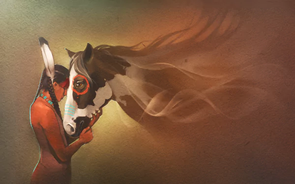 A vibrant artistic depiction of a Native American figure gently holding a horse's head, with flowing hair and rich colors, creating a captivating HD desktop wallpaper.