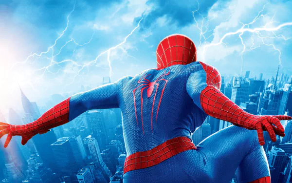 HD desktop wallpaper featuring Spider-Man from The Amazing Spider-Man 2, showing him poised against a cityscape backdrop with a dramatic sky and lightning.
