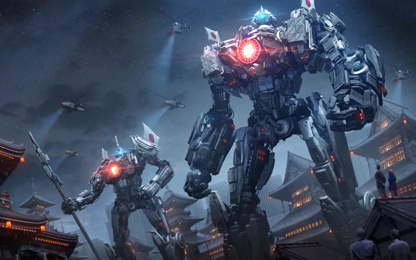 A striking HD desktop wallpaper featuring towering robots from the movie Pacific Rim, set against a dramatic night skyline, evoking a sense of epic battle and adventure.