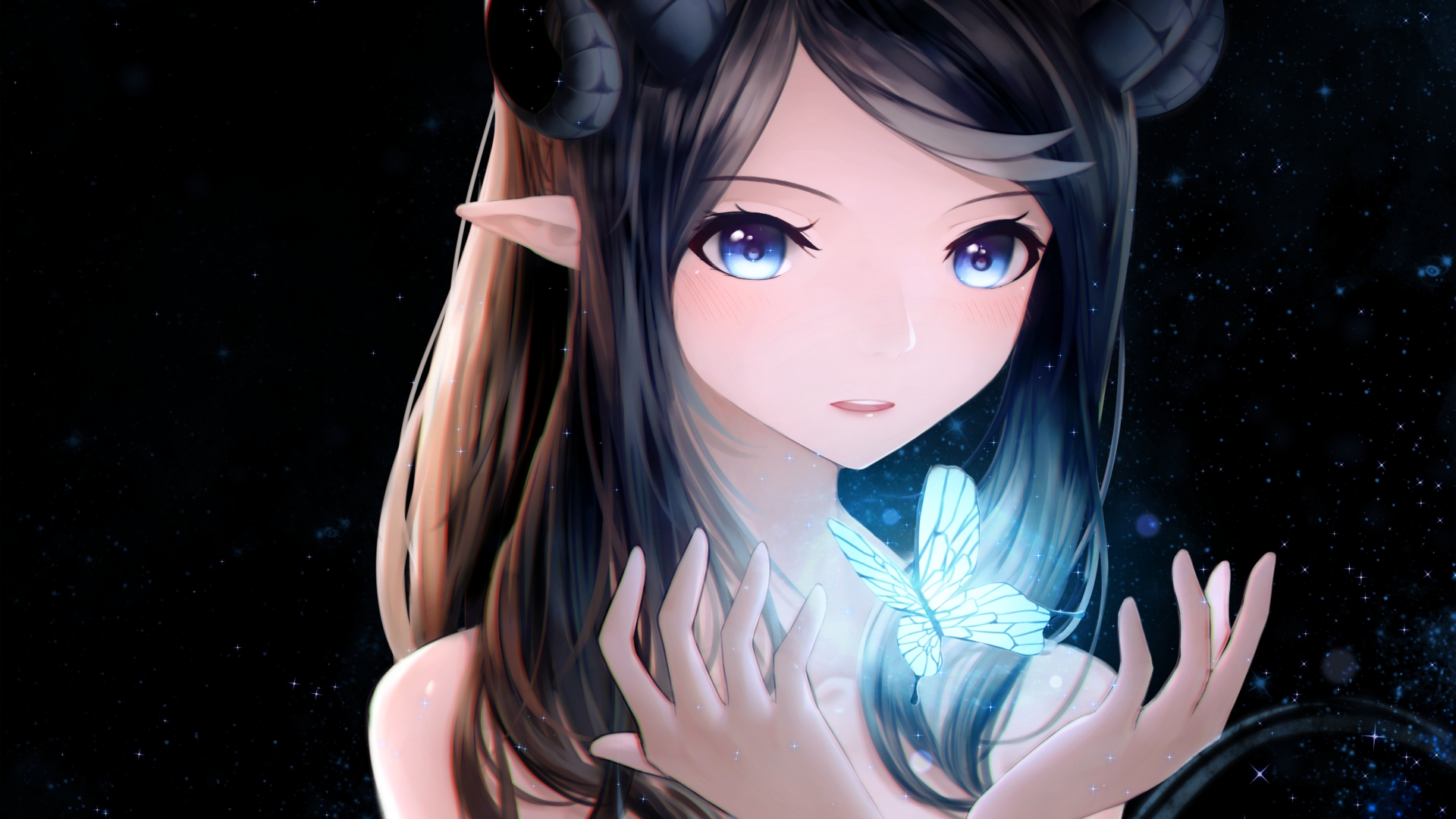 HD anime desktop wallpaper featuring a girl with horns and elf ears, holding a glowing butterfly in her hands, set against a dark background.