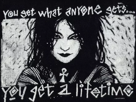 Gothic comic-style HD desktop wallpaper featuring a dark-haired character from The Sandman, framed by bold text in a moody, monochrome design.