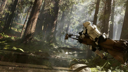 HD PC desktop wallpaper from Star Wars Battlefront (2015) featuring a scout trooper riding a speeder bike through a dense, sunlit forest in a Star Wars setting.