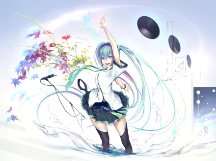 Hatsune Miku with long blue hair and blue eyes dances joyfully in an anime-style HD desktop wallpaper, surrounded by vibrant colorful effects and floating black discs.