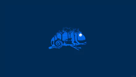 Minimalist blue digital artwork of a chameleon silhouette containing a forest scene with trees, a deer, and a moon, designed as an HD PC desktop wallpaper.