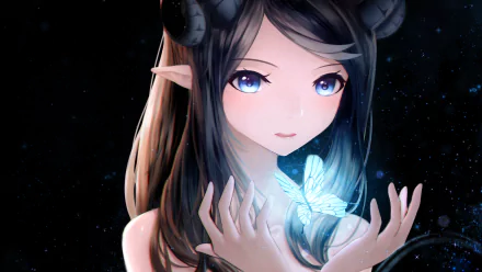 HD anime desktop wallpaper featuring a girl with horns and elf ears, holding a glowing butterfly in her hands, set against a dark background.