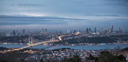 HD desktop wallpaper of Istanbul, Turkey, featuring a view of the Bosphorus and cityscape with illuminated buildings and bridge at dusk.