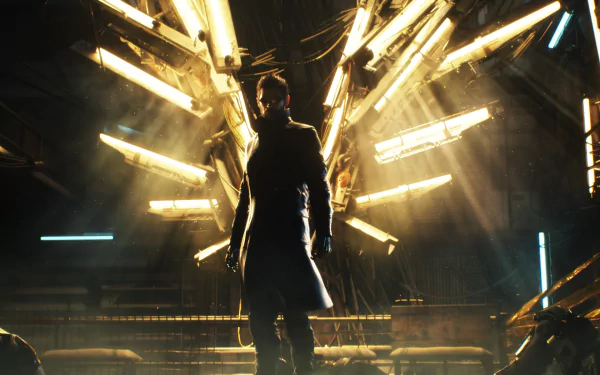Adam Jensen stands confidently in a dramatic, illuminated setting from Deus Ex: Mankind Divided, making this HD wallpaper a striking backdrop for fans of the game.