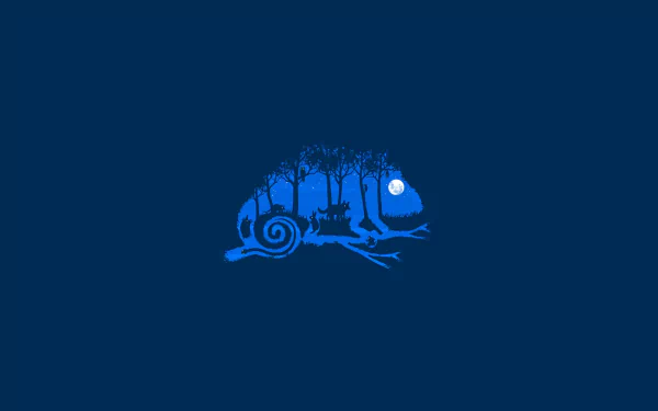 Minimalist blue digital artwork of a chameleon silhouette containing a forest scene with trees, a deer, and a moon, designed as an HD PC desktop wallpaper.