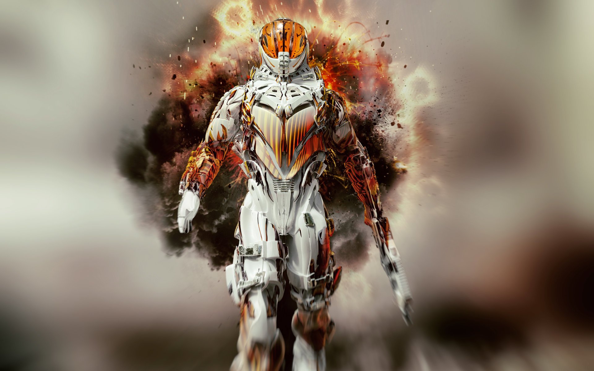 A fierce sci-fi warrior stands confidently against a backdrop of swirling flames and smoke, making this HD desktop wallpaper a striking addition to any screen.