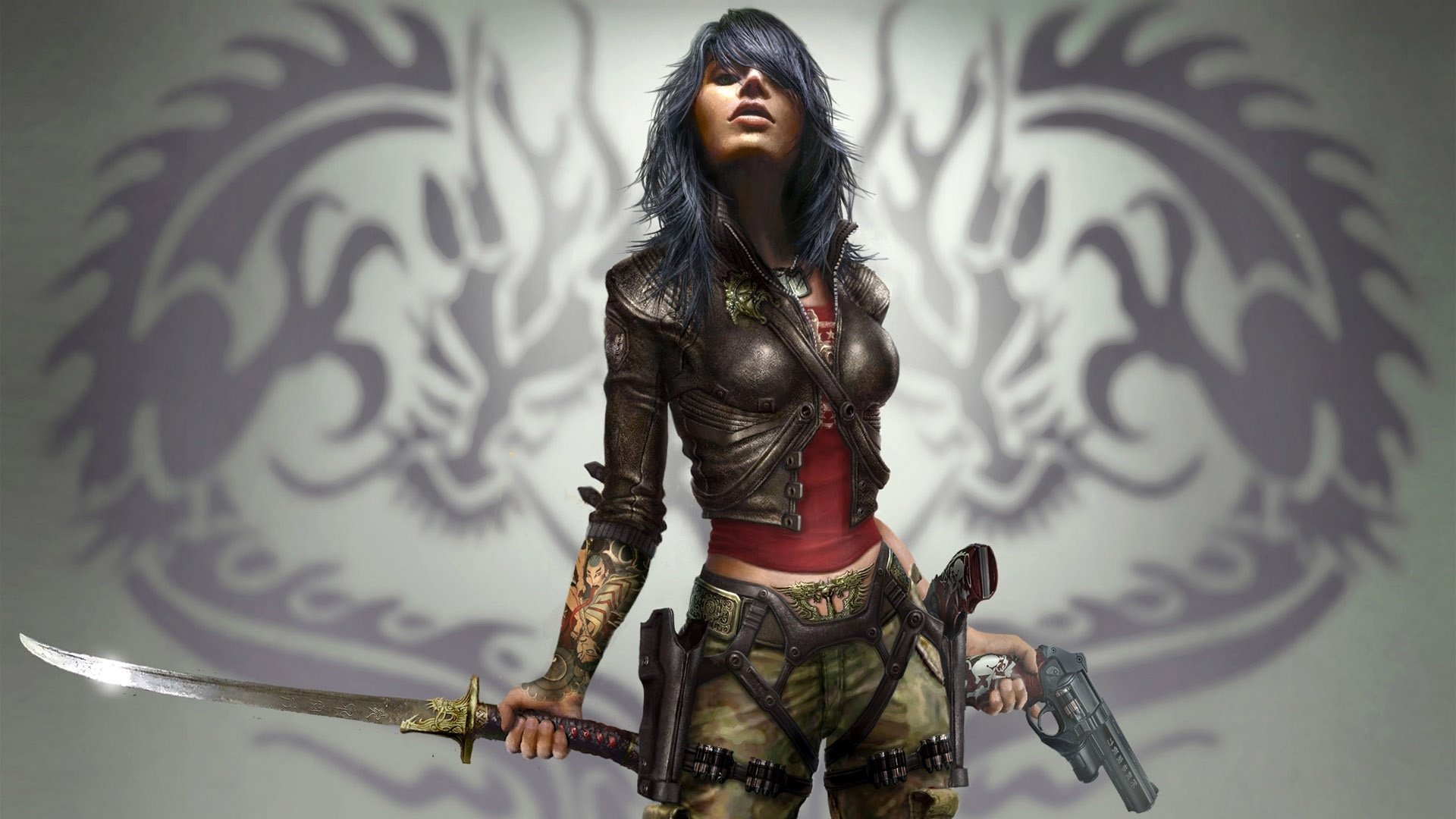 HD PC desktop wallpaper from the video game Wet, featuring a fierce woman with tattoos, wielding a katana and pistol against a stylized dragon emblem background.