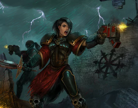 A fierce Sister of Battle from Warhammer 40k stands ready for combat, wielding a weapon amidst a stormy backdrop, showcasing the intense atmosphere of the video game universe.