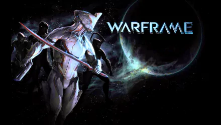 A dynamic HD wallpaper featuring characters from the video game Warframe, showcasing a central figure in an action pose against a cosmic backdrop.