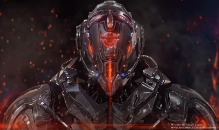 HD desktop wallpaper featuring a sci-fi warrior in futuristic armor, surrounded by a dynamic, fiery backdrop.